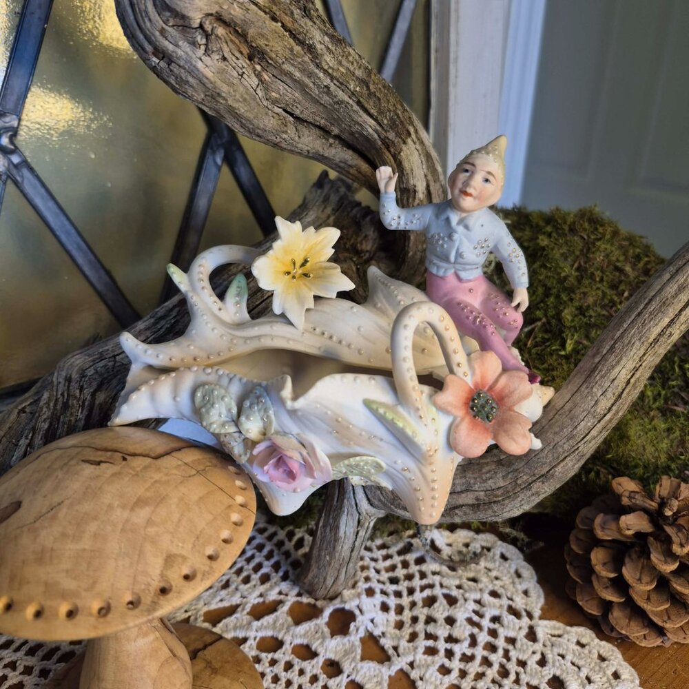 Vintage Pastel Porcelain Elf on a Shell Trinket Dish Planter